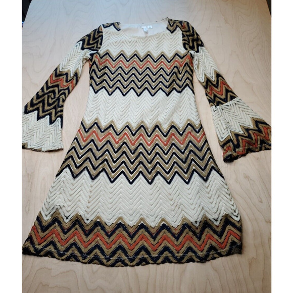 Tacera Womens Size Small Brown Ivory Orange Black Zig Zag Mini Dress Bell Sleeve - Picture 1 of 11